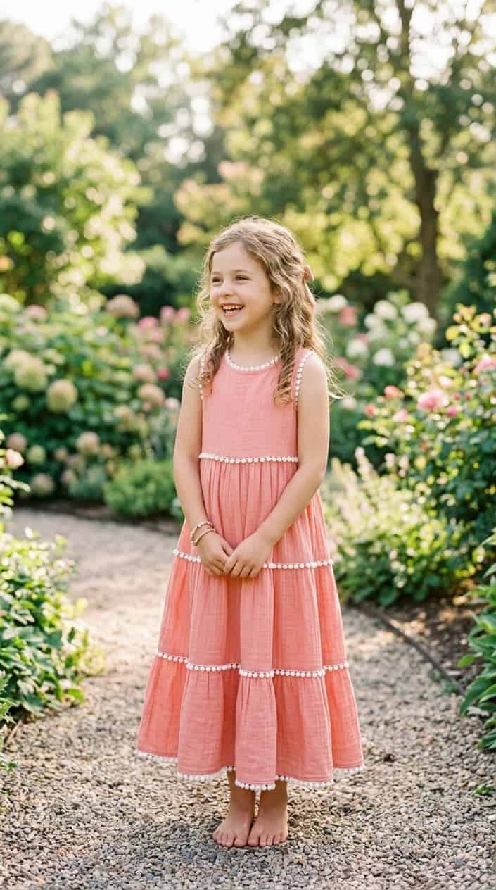 Boutique-Style Dresses for Little Girls on a Budget 16 A young girl standing outdoors wearing a long tiered dress with pom-pom trim, smiling gently in natural light.