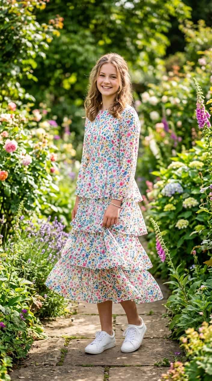 22 Teen Girl Summer Outfits for the Year She Suddenly Cares What She Wears 6 A teenage girl standing outdoors in a garden wearing a layered floral midi dress.