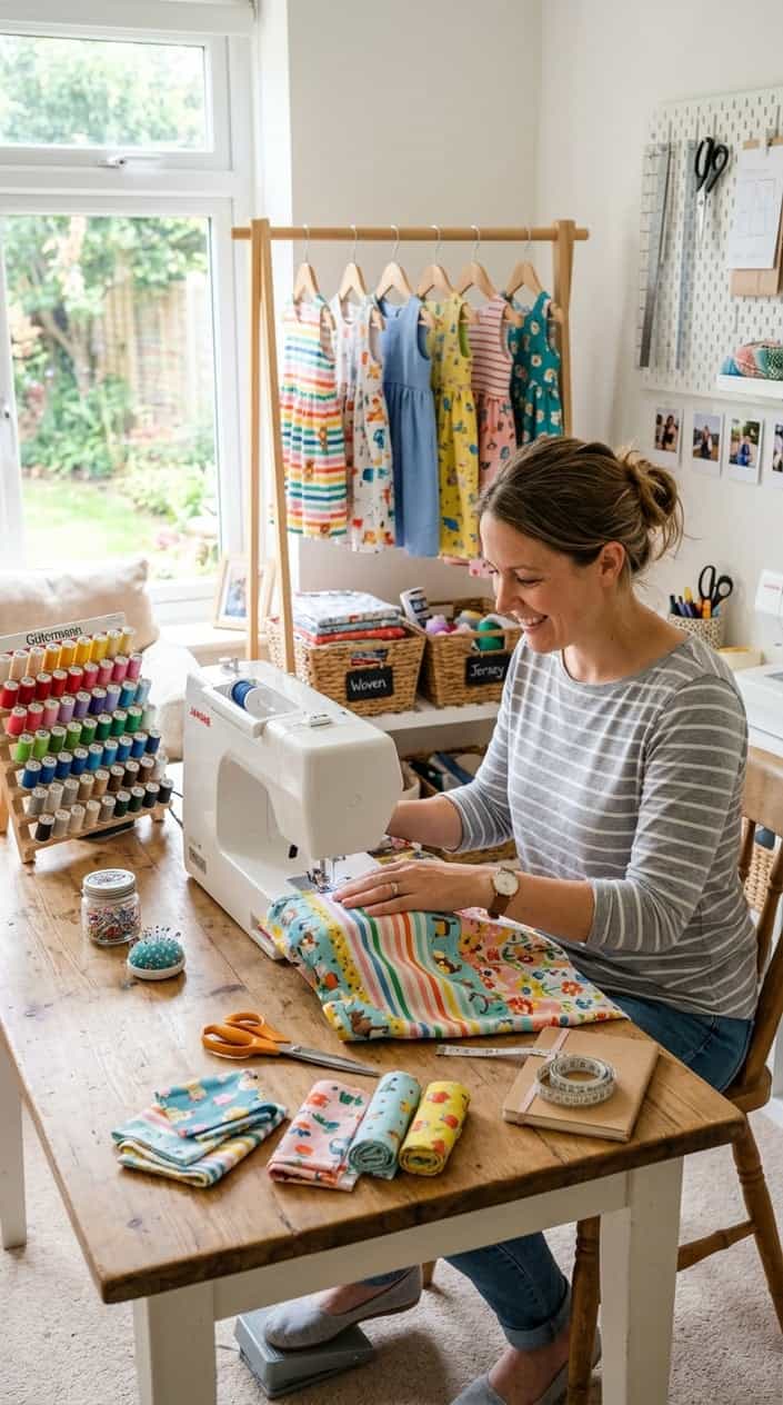 A woman sewing at a well-organized sewing station, a colorful kids' dress pinned to a dress form in the background, with a clear bin of sorted notions and a cutting mat on the table.