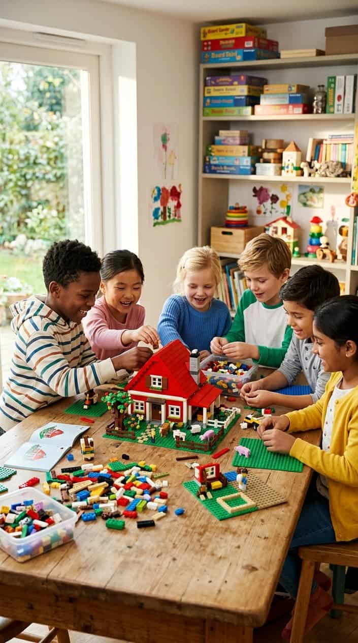 Children building a colorful LEGO farmhouse together on a table in a bright room.