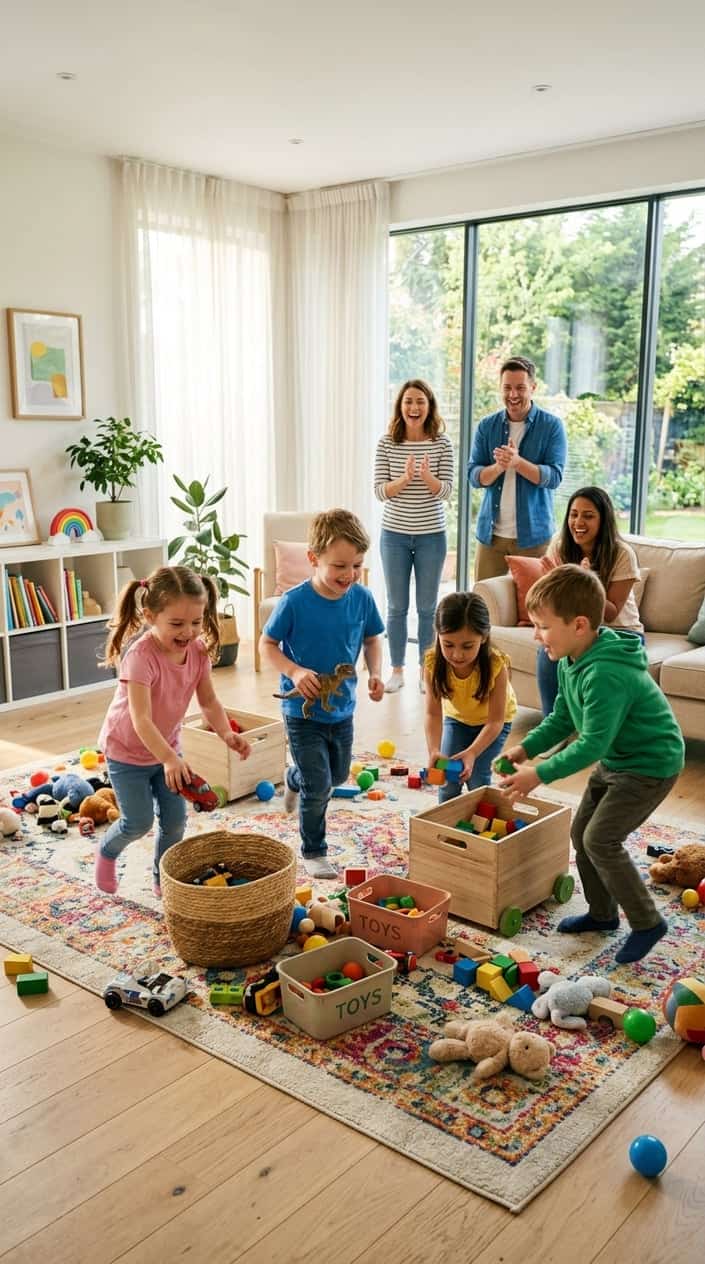Children picking up toys from the living room floor during a timed race while adults watch and encourage them.