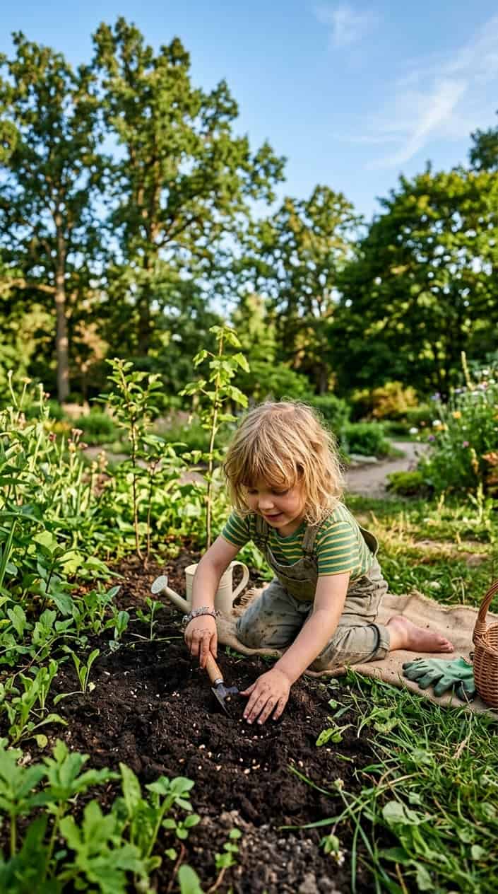 A child planting seeds in soil with tall trees visible in the background under a clear sky.