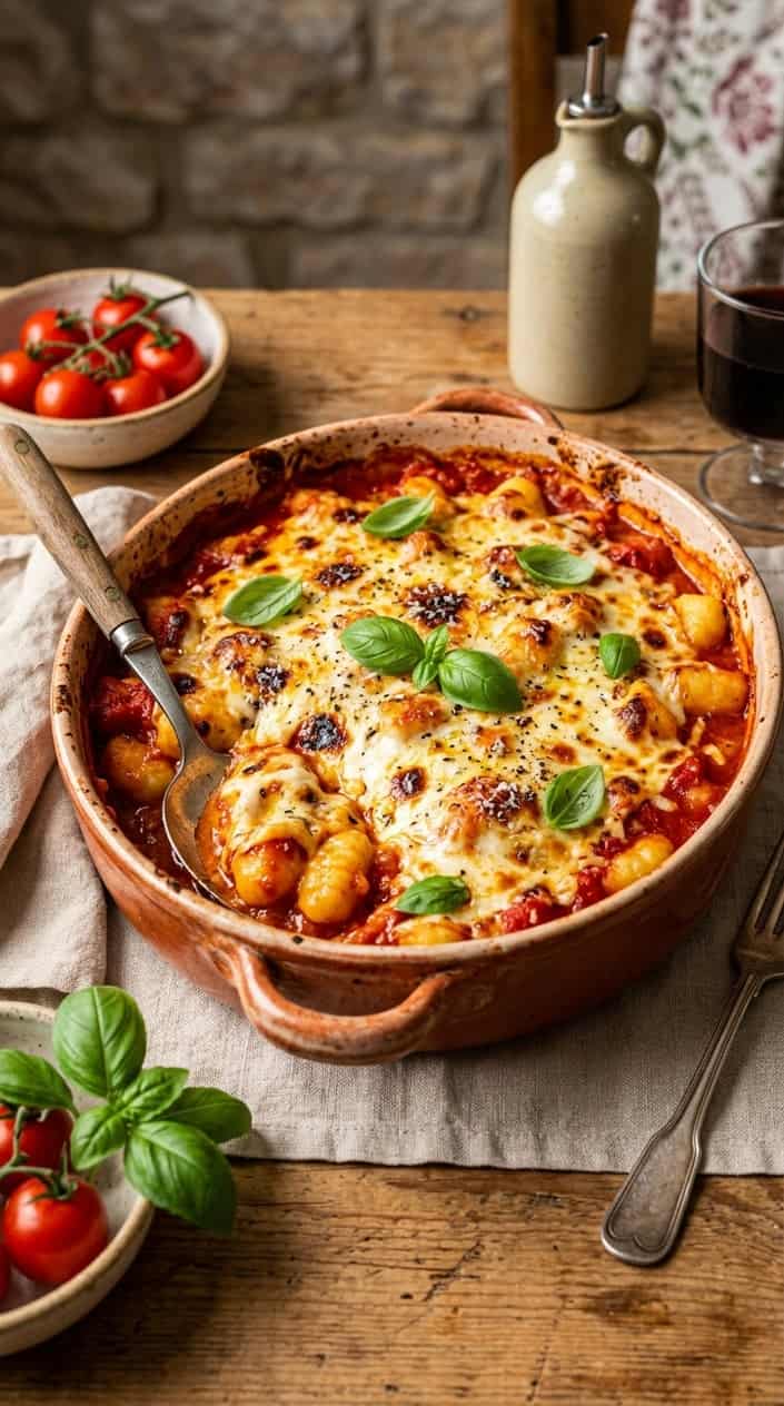 12 Easy Gnocchi Recipes 28 A deep ceramic baking dish filled with gnocchi in rusty-red marinara, blanketed by irregularly melted mozzarella with golden-brown bubbled patches, and a few torn basil leaves on top.