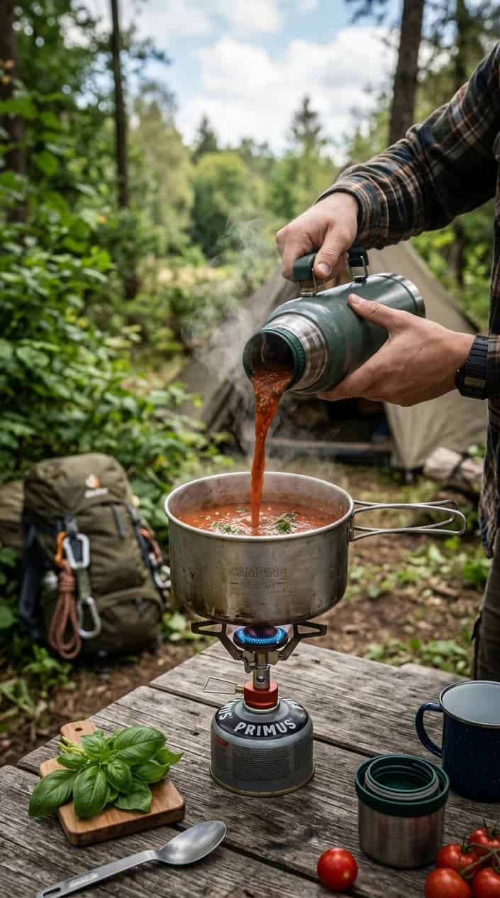 17 Camping Meals You Can Prep Ahead and Heat Over a Single-Burner Stove 15 A thermos pouring tomato basil soup into a camping pot on a portable stove outdoors surrounded by fresh tomatoes and basil.