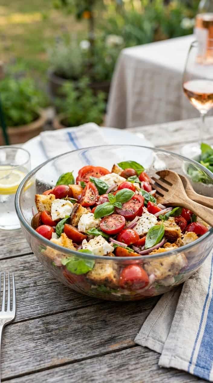 17 Summer Dinner Ideas When You're Tired of Grilling and Also Tired of Thinking 5 A large shallow bowl of panzanella with rough-torn chunks of golden bread, deep red tomato wedges, torn white mozzarella, and dark green basil leaves glistening with olive oil dressing.