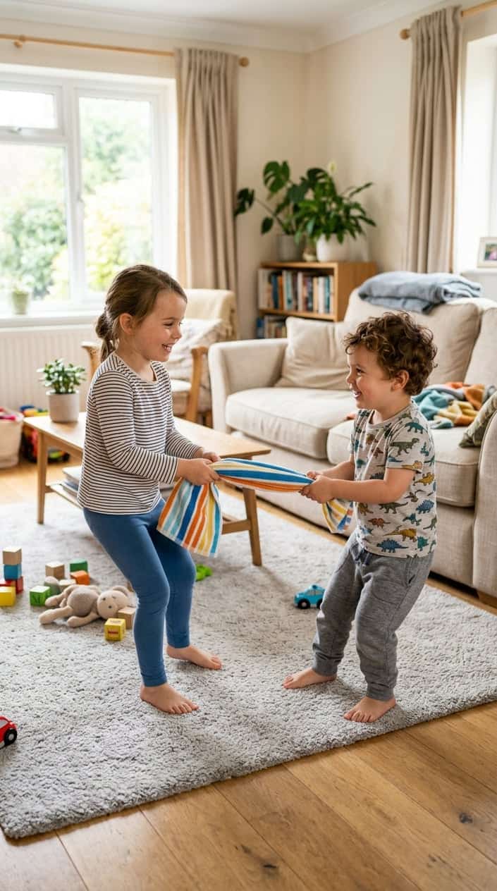 Two young children playing gentle towel tug-of-war in a bright living room.