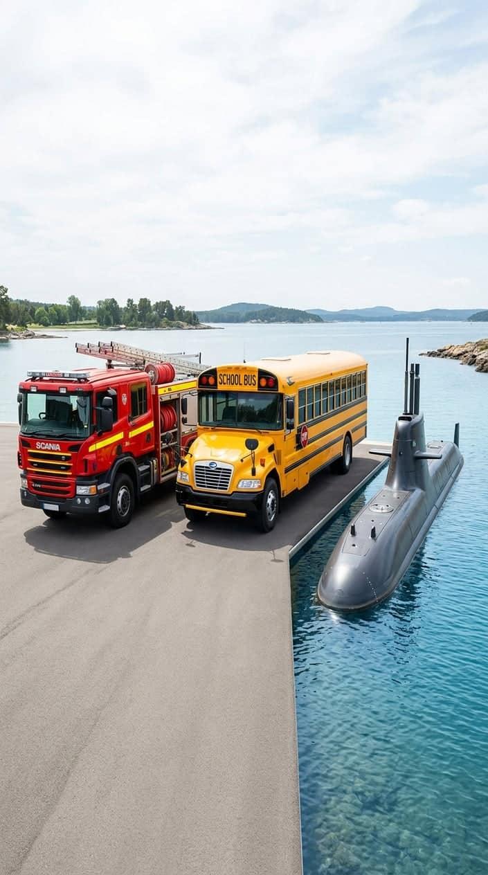 A fire truck, a school bus, and a submarine displayed side by side against a bright background.