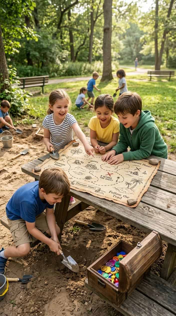 25 Kid Games for When 'I'm Bored' Has Been Said Three Times Before 10 AM 13 Children digging for a buried treasure box outdoors next to a detailed treasure map laid on a wooden surface.