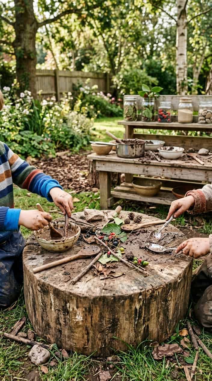 12 Mud Kitchen Setups for Kids (Using Mostly Stuff You Already Have Outside) 10 Children using a tree stump as a cutting board to mix and pound mud in an outdoor garden setting.