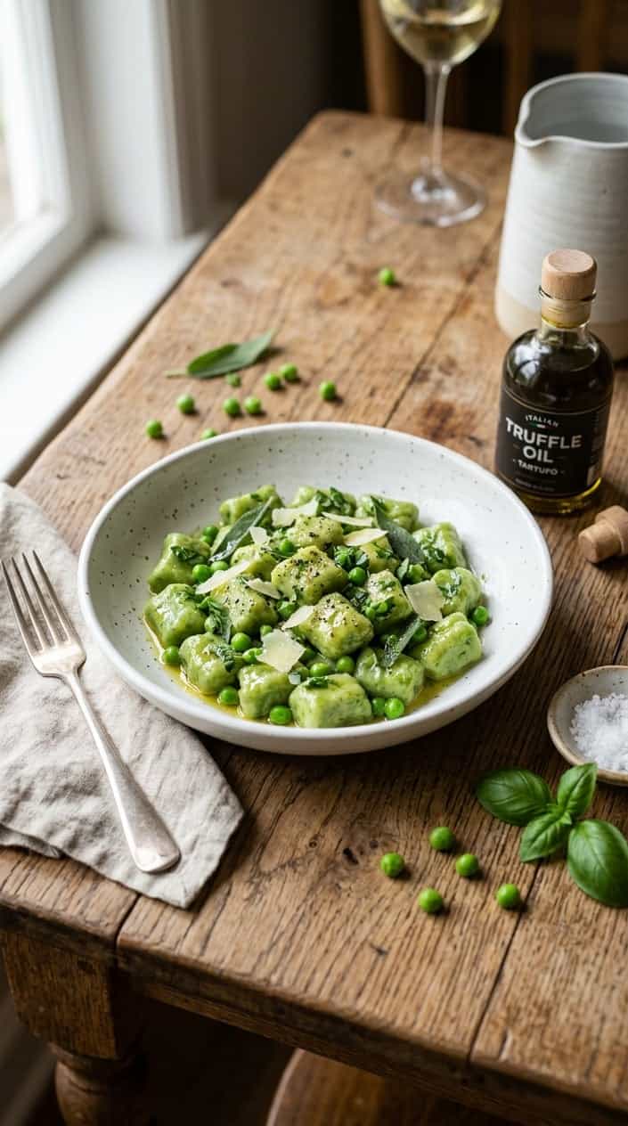 A wide white bowl of gnocchi and bright green peas with a visible sheen of butter and truffle oil, garnished with lemon zest curls and chopped parsley against a light linen background.