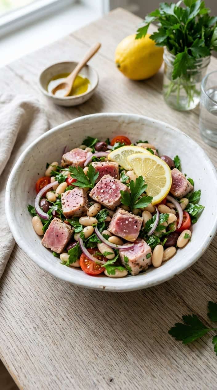 A bowl of tuna and white bean salad garnished with lemon slices and parsley on a wooden table.