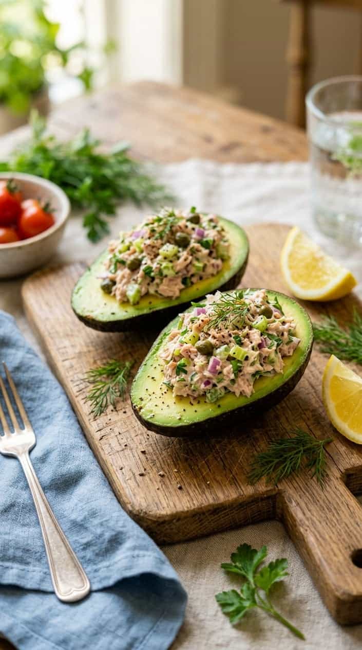 Two avocado halves stuffed with tuna salad containing celery and capers, placed on a wooden board with fresh herbs and lemon wedges in the background.