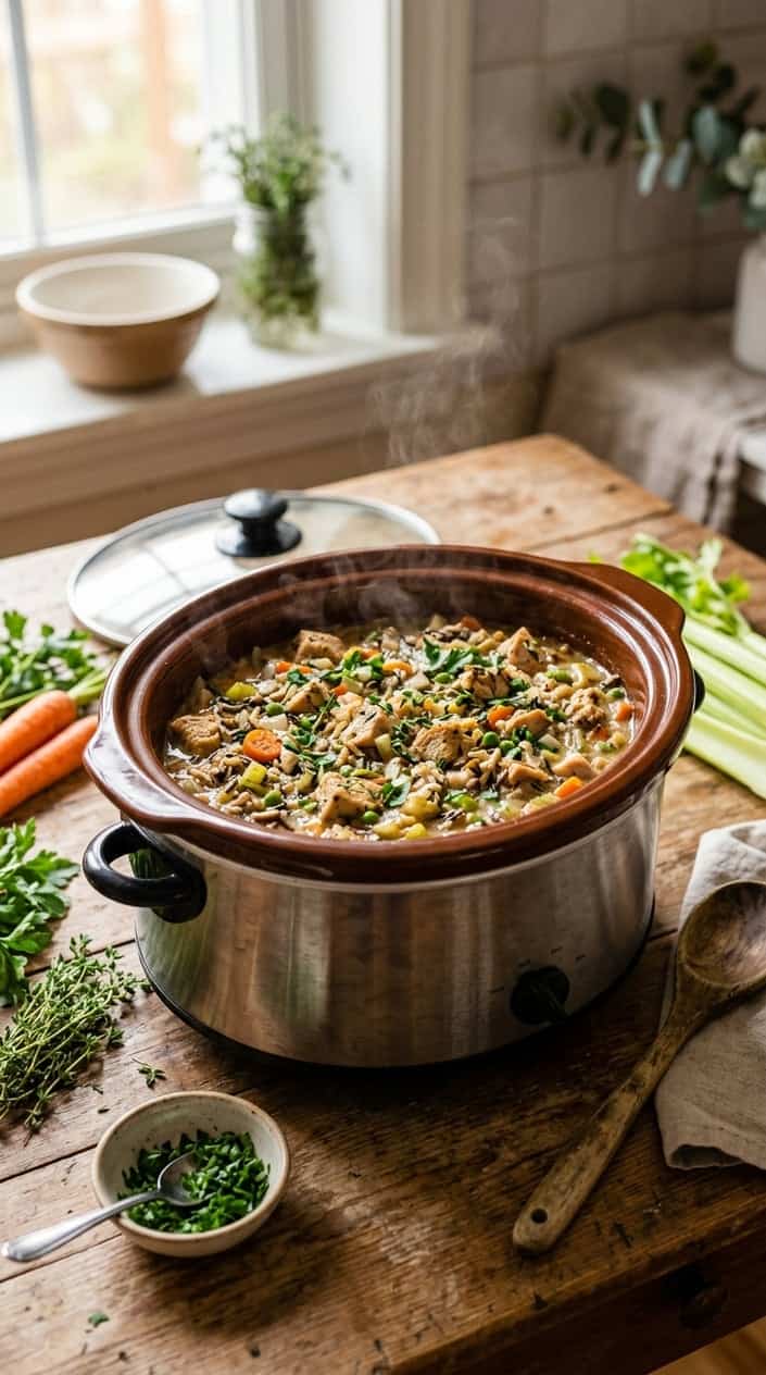 A slow cooker filled with turkey and wild rice casserole on a wooden table surrounded by fresh vegetables and herbs.