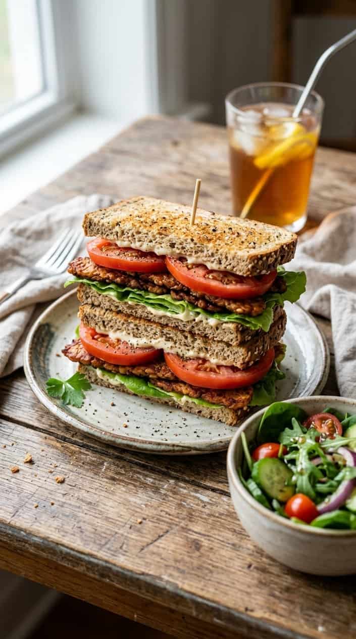 Lunch Ideas Beyond the Turkey Sandwich 41 A halved BLT-style sandwich on lightly toasted bread, showing layers of crisped dark-brown tempeh slices, bright green lettuce, and thick red tomato, plated next to a small side salad and a glass of iced tea.