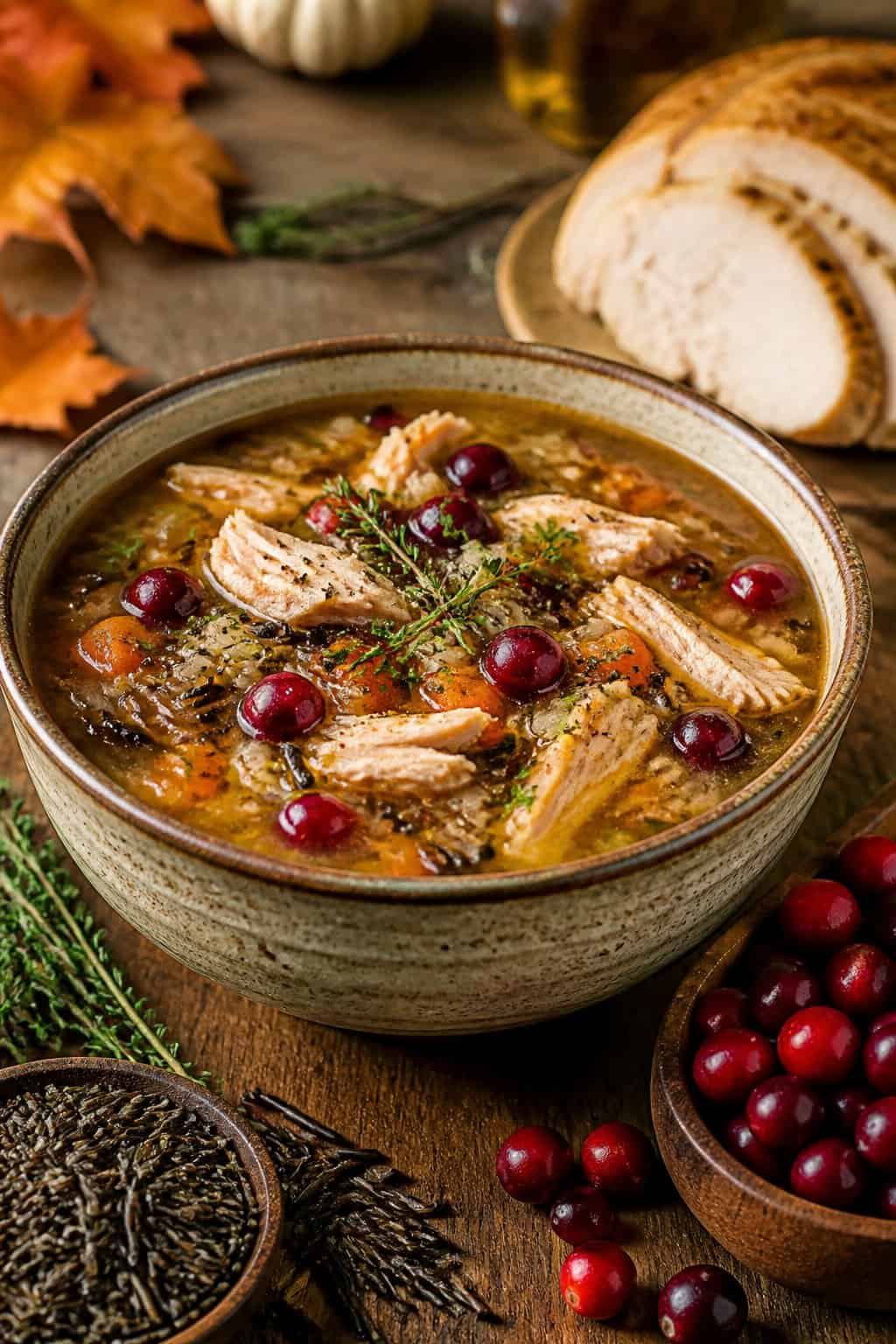 A bowl of turkey, wild rice, and cranberry soup garnished with herbs on a wooden table with ingredients around it.