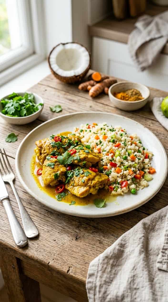 A plate of turmeric-coconut chicken with cauliflower rice garnished with fresh herbs on a wooden table.