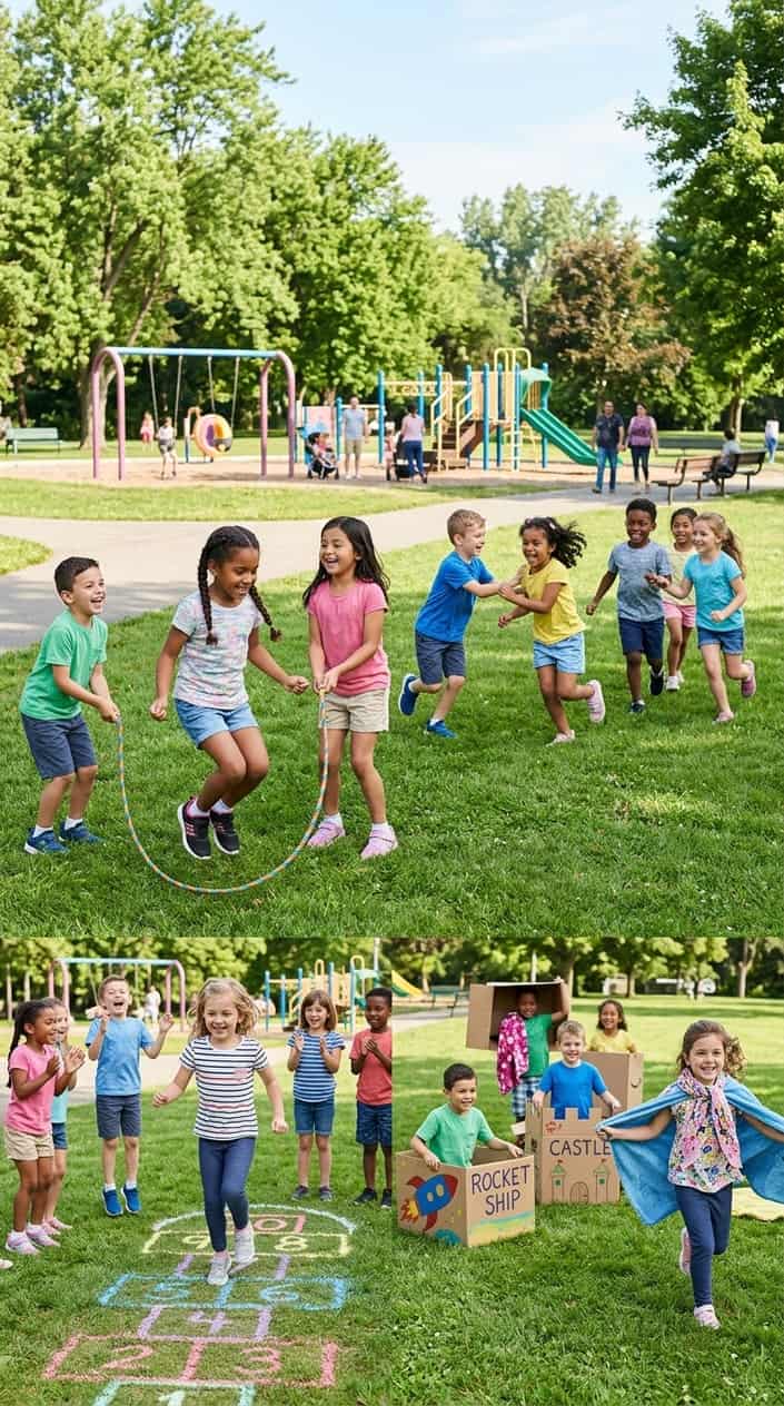 25 Kid Games for When 'I'm Bored' Has Been Said Three Times Before 10 AM 28 Children playing various outdoor games together in a sunny park on a bright morning.