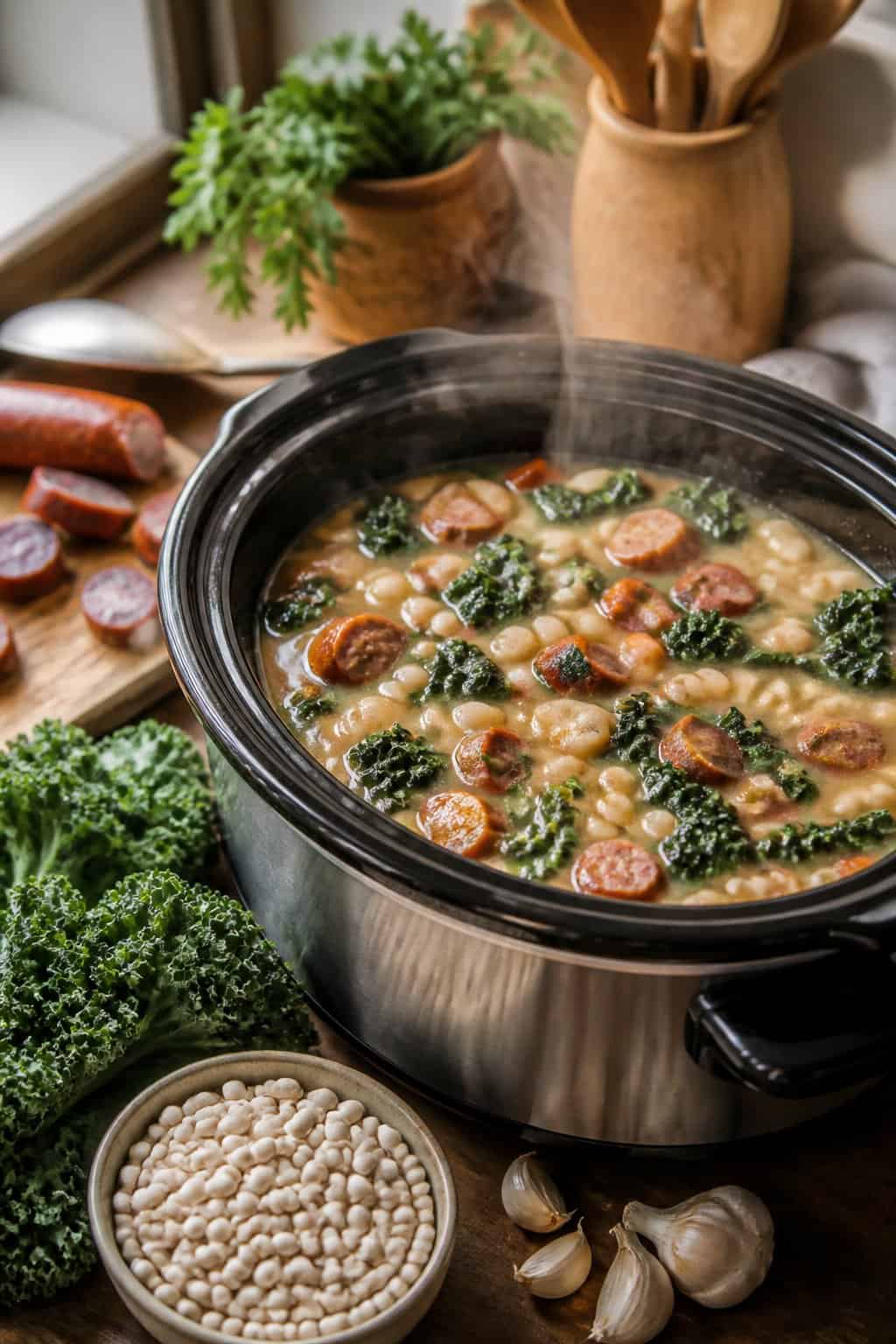 A crockpot filled with steaming Tuscan white bean, kale, and sausage stew on a wooden countertop surrounded by fresh ingredients.