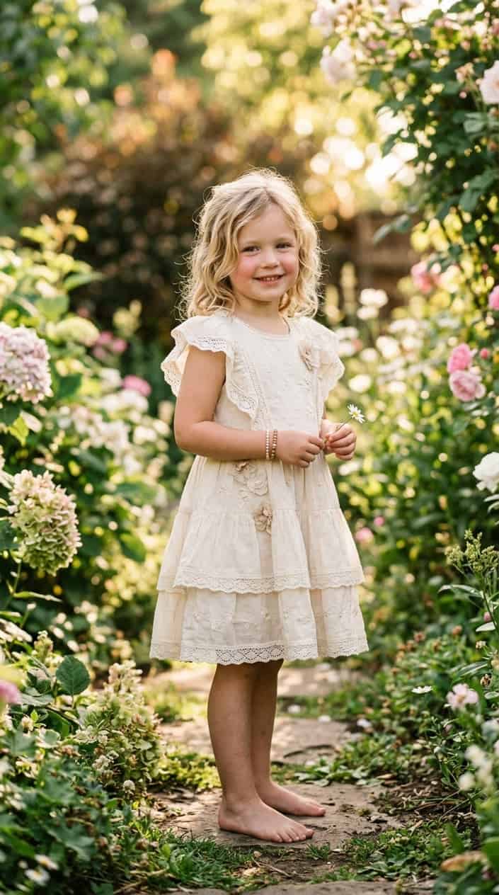 Comfortable Children's Dresses That Still Look Nice 19 A young girl outdoors wearing a light cotton dress, smiling gently with greenery in the background.
