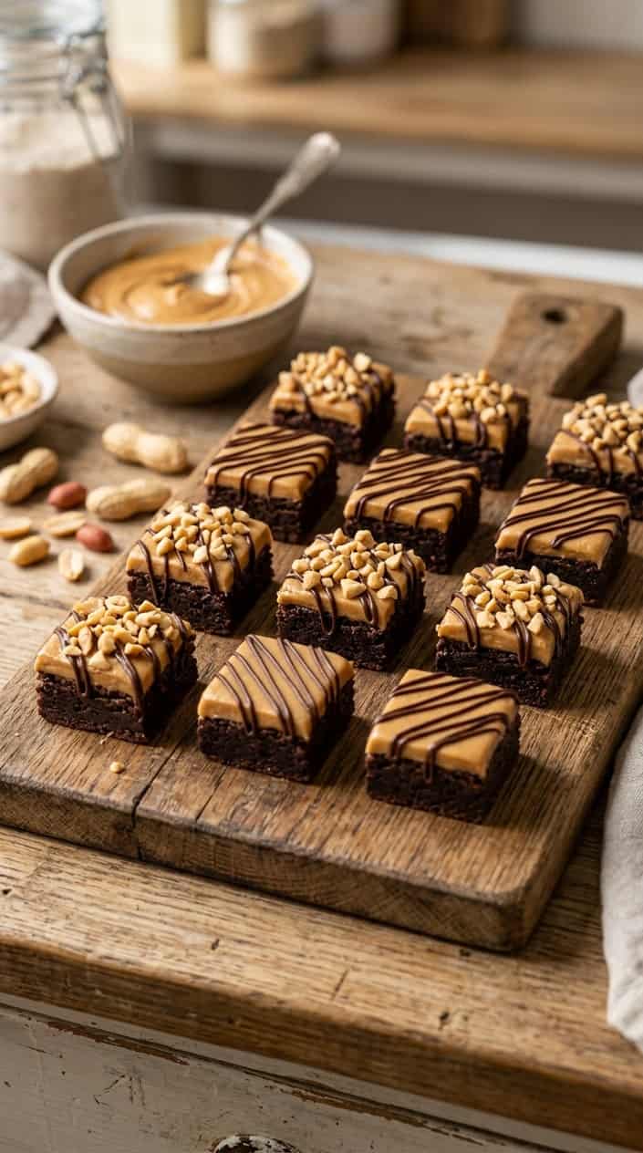 15 Mini Cake Recipes for the Weeks You Want Dessert Without a 9x13 32 Two fudgy peanut butter brownie bites on a small wooden board, with a ramekin of creamy peanut butter and a scatter of whole peanuts in the soft-focus background.