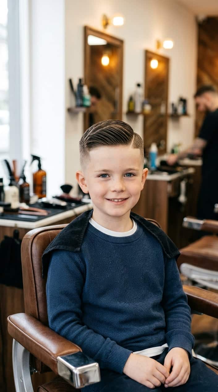 A young boy with a short haircut sitting in a barbershop, smiling.
