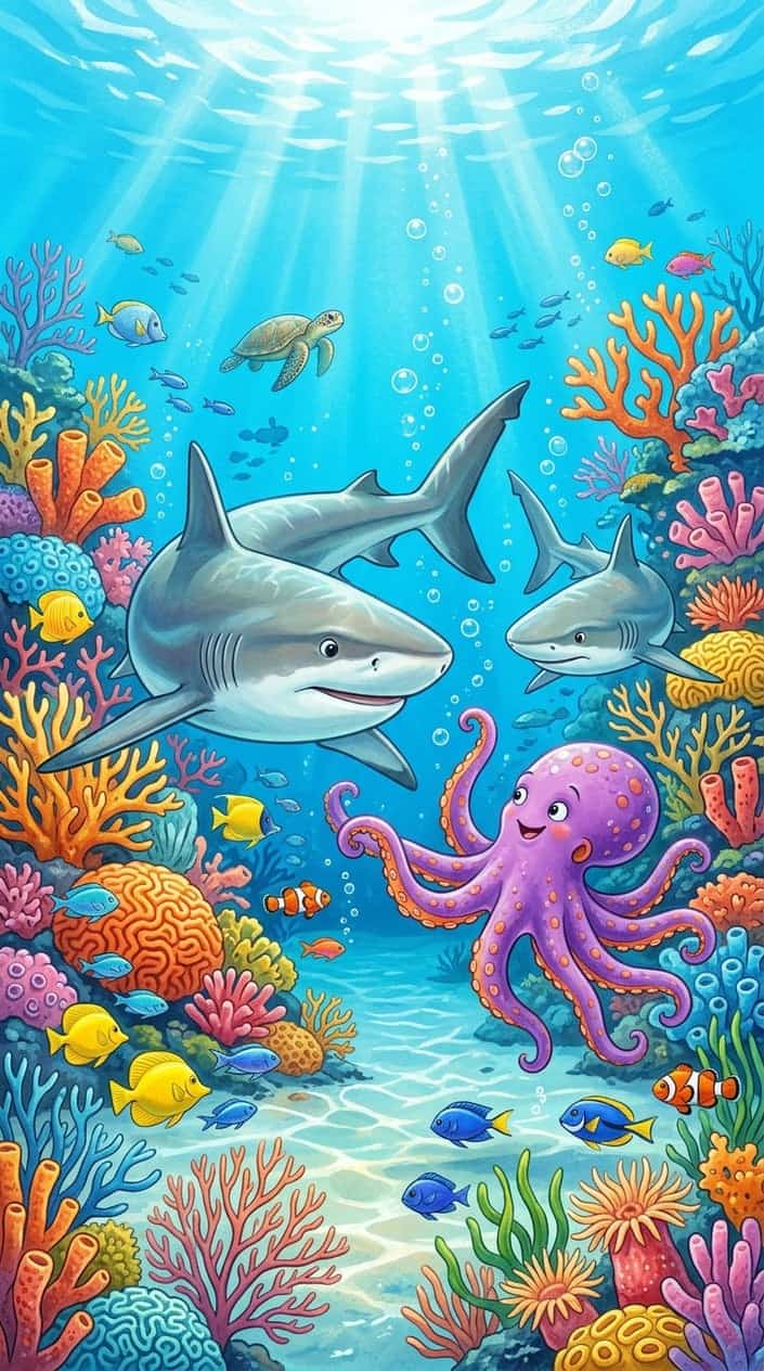 Underwater scene with friendly sharks and an octopus swimming among colorful coral and fish.