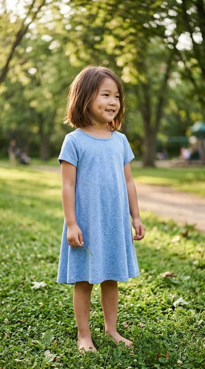 Comfortable Children's Dresses That Still Look Nice 17 A young child standing outdoors in a soft cotton dress, smiling and looking comfortable in a green park.