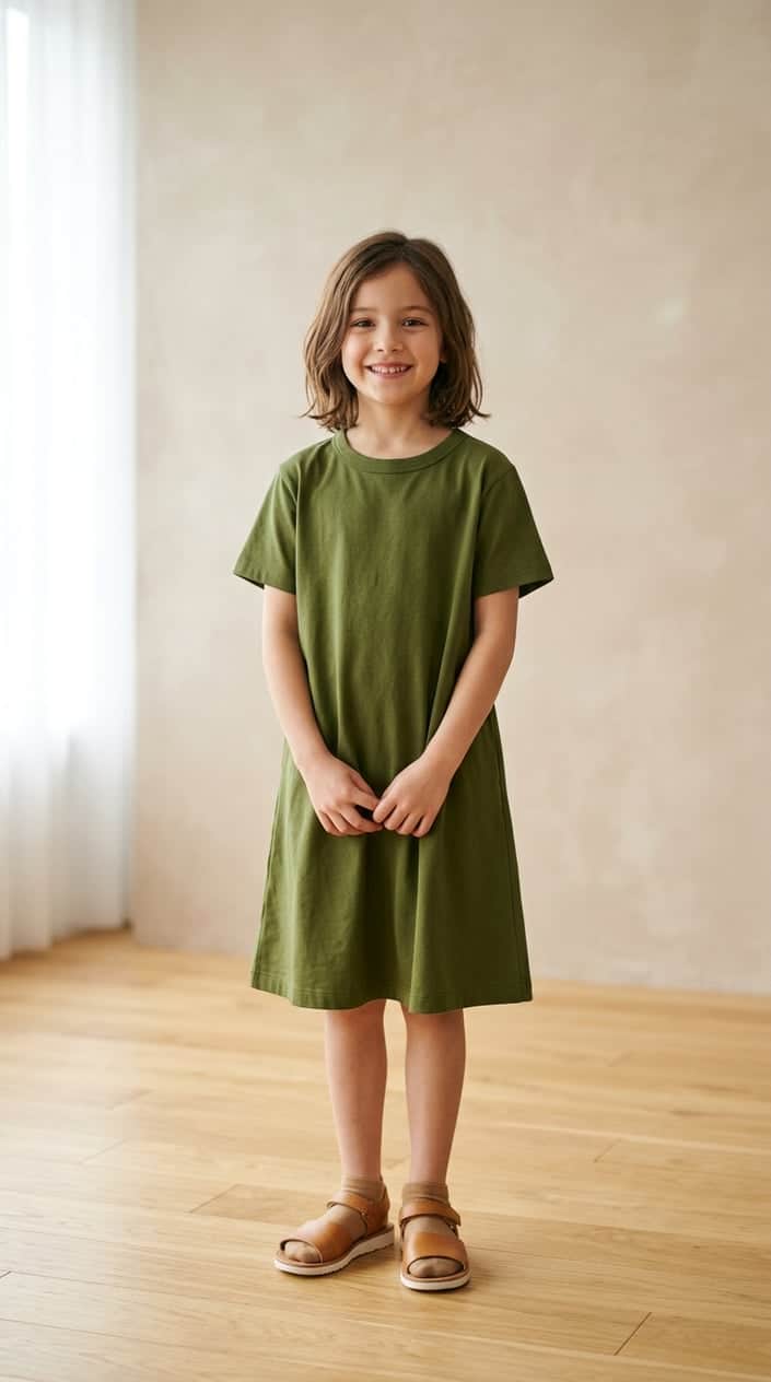 A young girl standing and smiling, wearing a simple cotton dress in a bright studio setting.