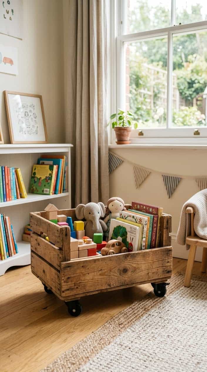 A children's bedroom corner with a wooden crate on wheels used to store colorful toys.