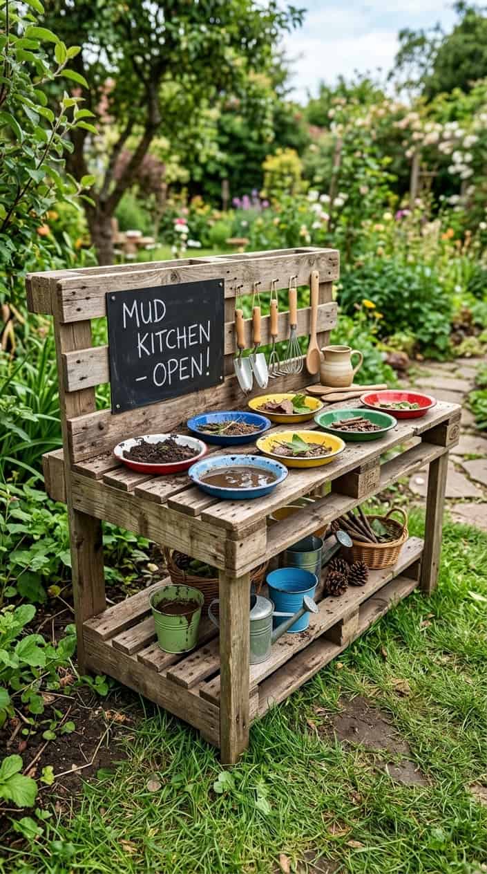 12 Mud Kitchen Setups for Kids (Using Mostly Stuff You Already Have Outside) 4 An outdoor mud kitchen made from an upcycled wooden pallet counter with colorful enamel pie plates used as bowls, surrounded by children's gardening tools and natural materials.