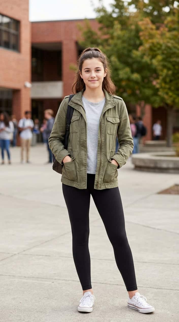A young woman standing near a school building wearing an olive cotton-twill utility jacket with snap pockets over thick matte black leggings.