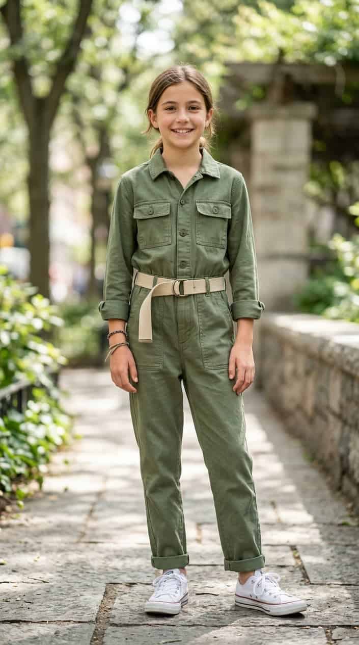16 Tween Outfit Ideas for the Awkward 'Not Little, Not Grown' Age 14 A pre-teen wearing a utility jumpsuit with a canvas belt standing outdoors in a casual setting.
