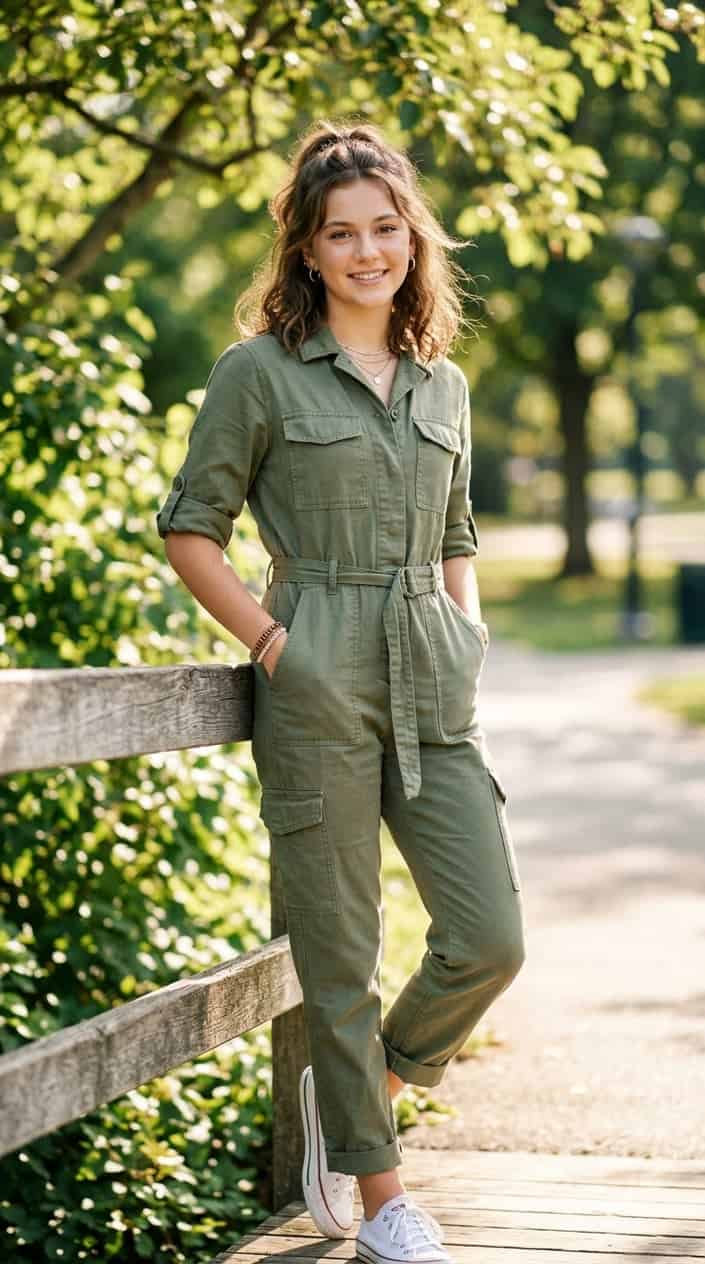 22 Teen Girl Summer Outfits for the Year She Suddenly Cares What She Wears 10 Teenage girl wearing a utility jumpsuit with rolled sleeves standing outdoors on a sunny day.