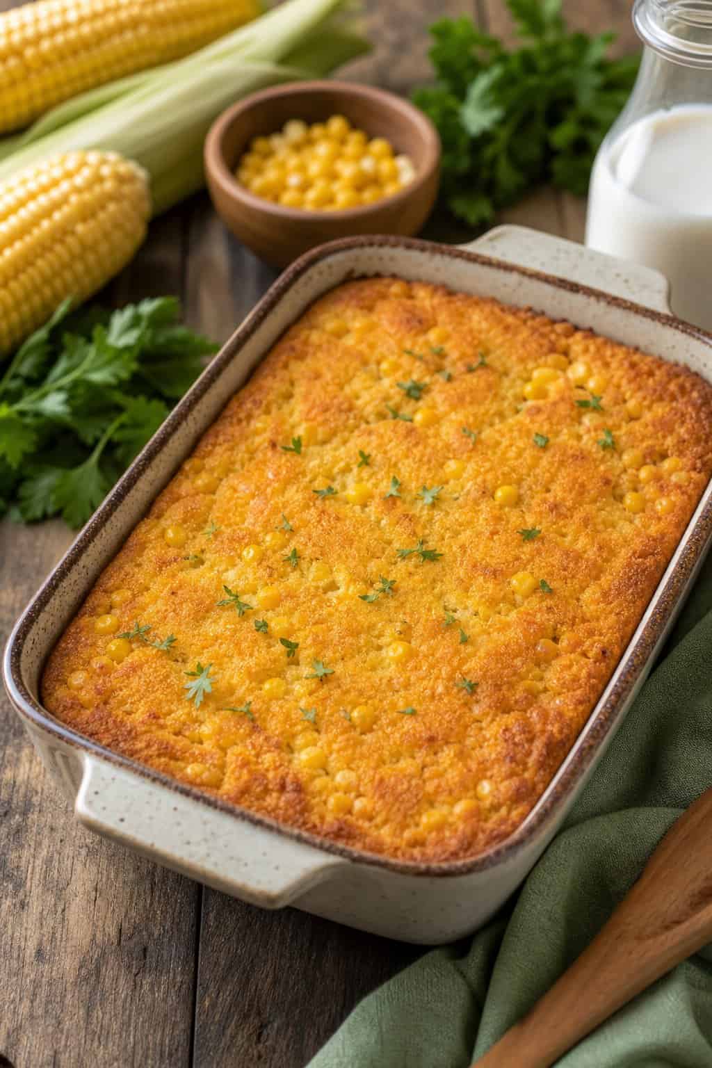 A golden baked vegan corn casserole in a white ceramic dish on a wooden table with fresh corn ears and small bunches of herbs arranged around the dish.