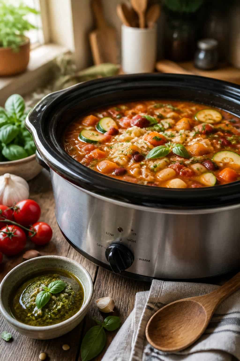 A crockpot filled with colorful vegetarian minestrone soup next to a bowl of green pesto and fresh vegetables on a kitchen counter.