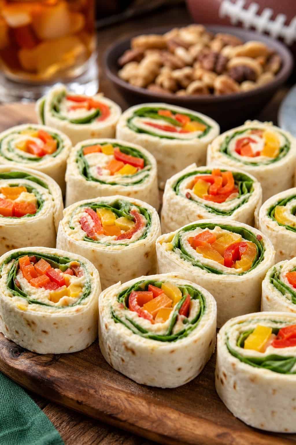 Plate of colorful veggie hummus pinwheels showing bright red and yellow bell pepper strips, shredded orange carrot, and green spinach inside sliced flour tortilla rolls on a wooden board.