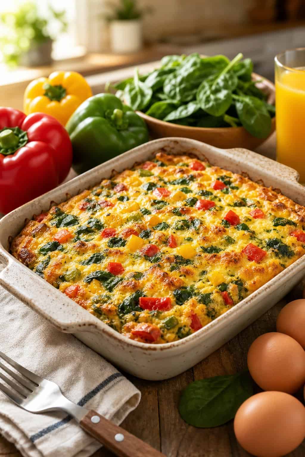 A baked vegetable hashbrown casserole with visible red and green bell pepper pieces and wilted spinach, in a glass baking dish on a wood table surrounded by loose fresh vegetables.