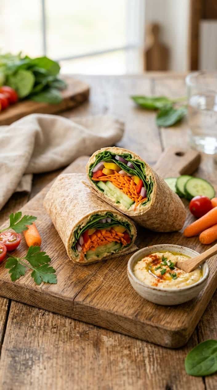 A whole-wheat tortilla wrap sliced in half to reveal layers of hummus, shredded carrot, sliced cucumber, cherry tomatoes, and mixed greens, arranged on a natural wood cutting board.