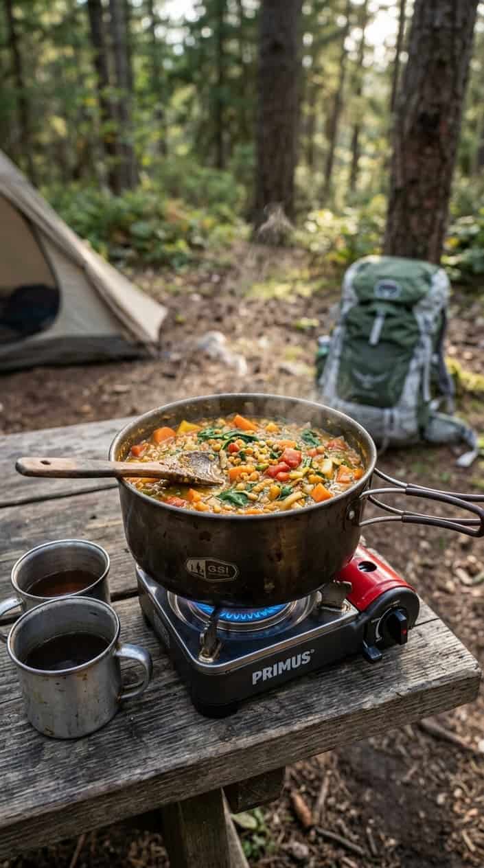 17 Camping Meals You Can Prep Ahead and Heat Over a Single-Burner Stove 10 A pot of colorful lentil curry cooking on a single-burner camping stove outdoors with camping gear nearby.