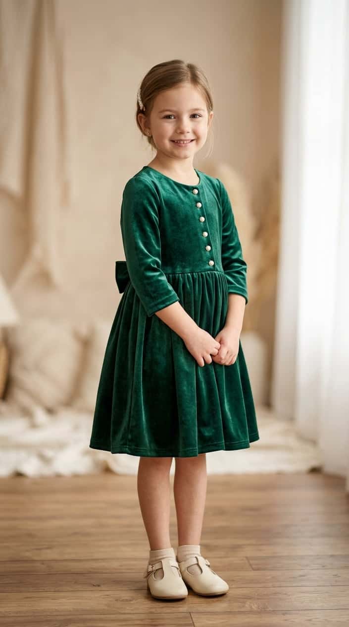 A young girl standing and wearing a velvet dress with pearl buttons in a bright studio.