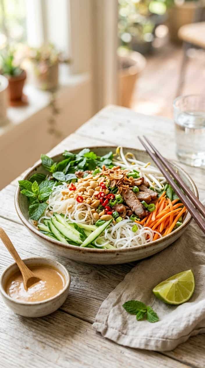 A bowl of Vietnamese rice noodle salad with fresh herbs, vegetables, crushed peanuts, and a small bowl of peanut dressing on a wooden table.