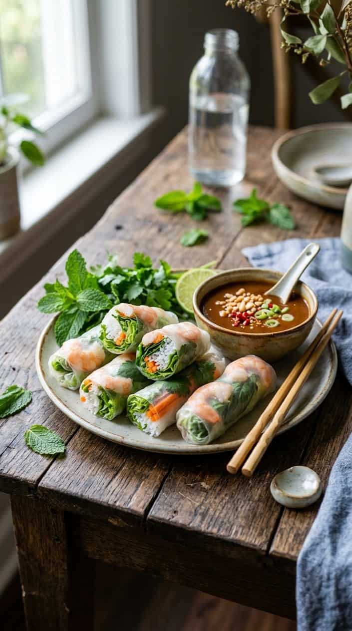 A rectangular white plate with six tightly rolled translucent rice paper rolls showing pink shrimp and green herbs visible through the wrapper, next to a small dark ceramic bowl of thick hoisin-peanut dipping sauce garnished with crushed peanuts.