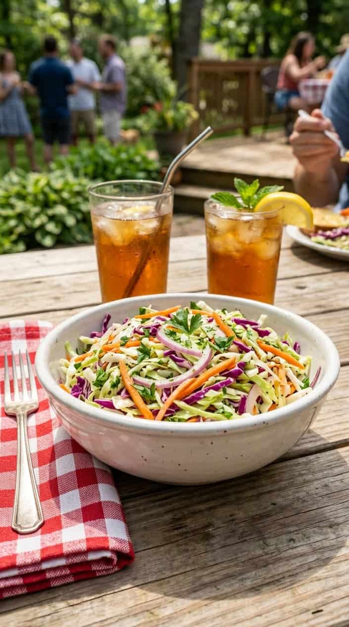 BBQ Side Dishes for a Memorial Day Cookout 4 A bowl of vinegar-based Carolina coleslaw on a wooden picnic table with a checkered napkin and a glass of iced tea in an outdoor BBQ setting.