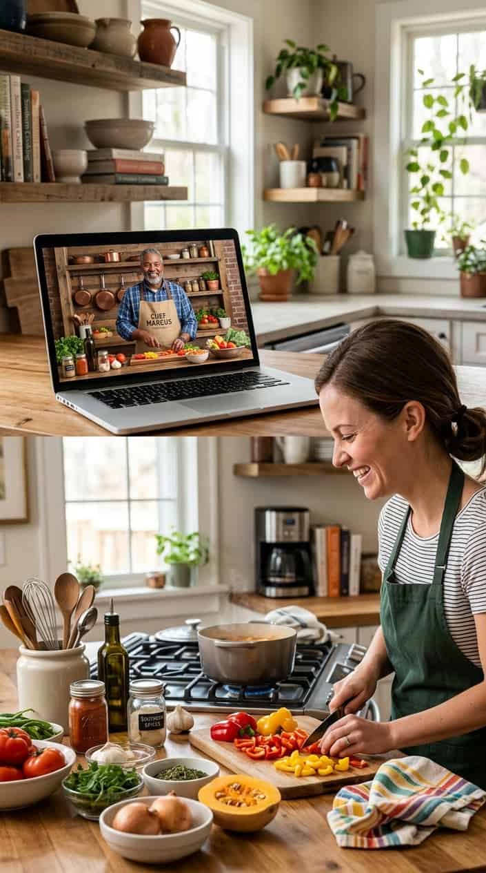 A woman participating in a virtual cooking class with a Southern chef on a laptop in a home kitchen.