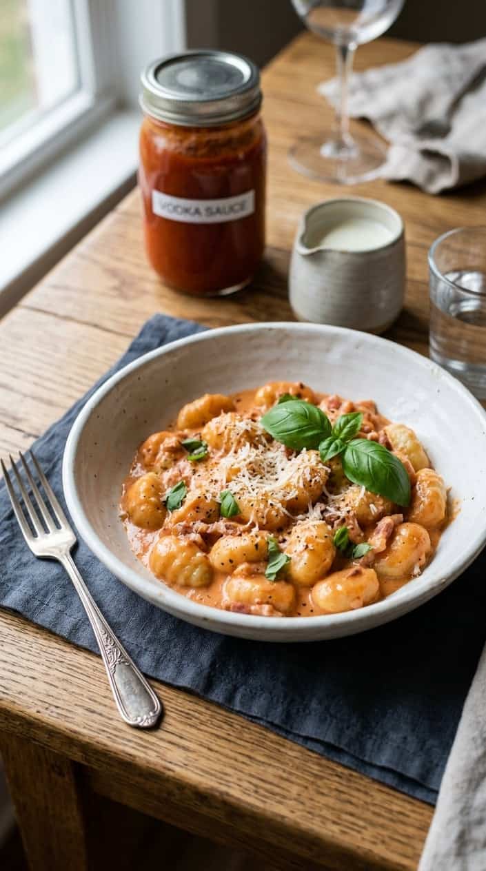 A deep bowl of gnocchi swathed in coral-pink vodka cream sauce with a glossy sheen, scattered with torn basil, a heavy snowfall of Parmesan, and a small pitcher of cream and a sauce jar visible in the soft background.