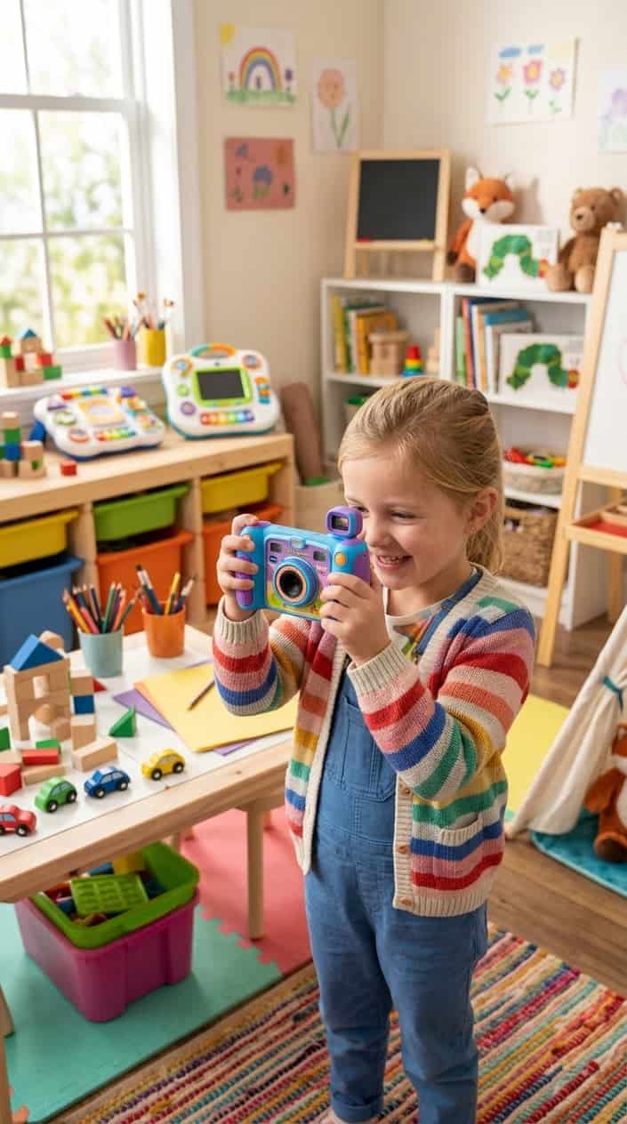 A child happily holding a VTech KidiZoom Creator Cam in a bright playroom surrounded by toys.