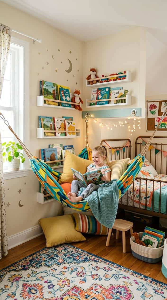 A kids' bedroom with a wall-mounted beanbag hammock reading nook surrounded by shelves with books and toys.