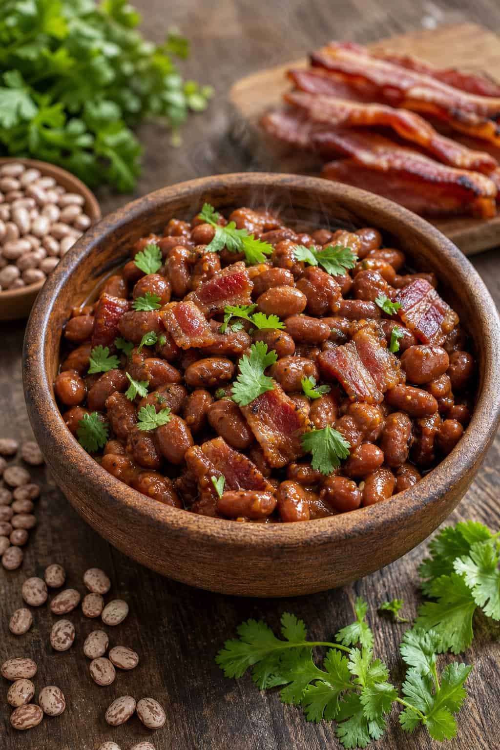 A bowl of warm pinto beans cooked with bacon on a wooden table, surrounded by fresh ingredients.