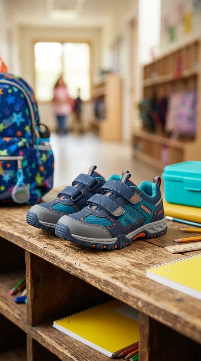 A pair of children's waterproof Velcro sneakers placed on a surface with school supplies in the background.