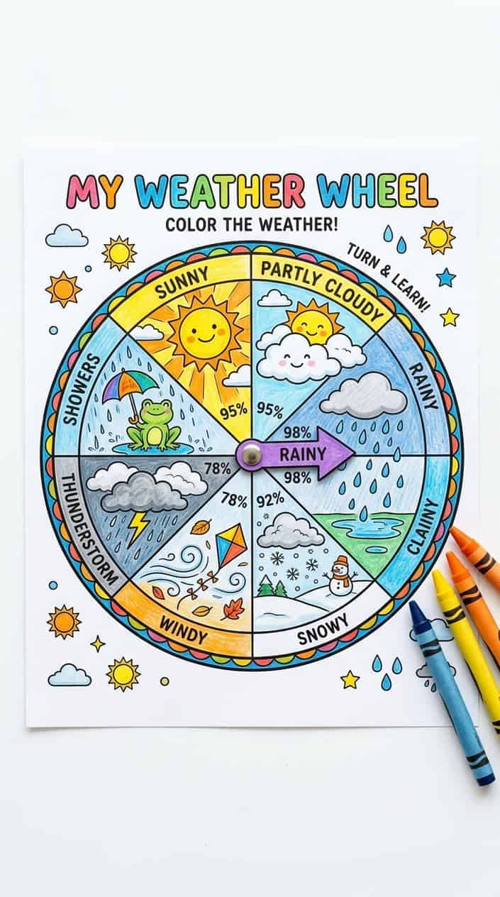 A colorful weather wheel coloring page showing sun, rain, and snow illustrations.